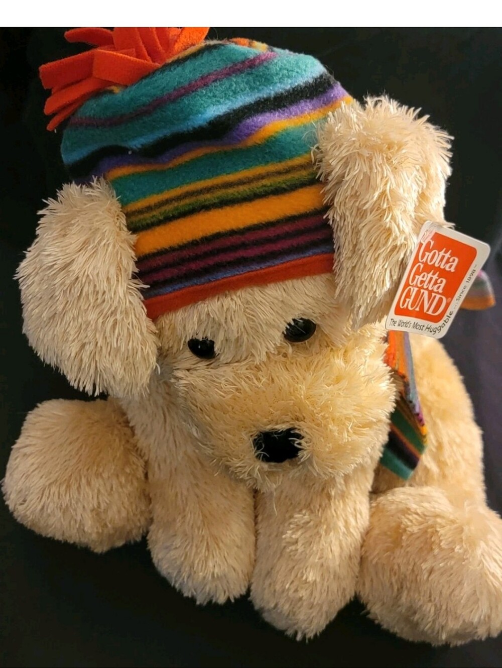 GUND Cream Plush Dog with Multicolor Striped Hat and Scarf. New With Tags